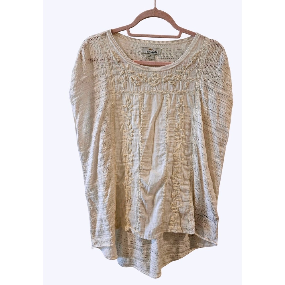 Bob Timberlake Womens Knit Top Embroider Natural Ivory Cotton Linen Blend Size S